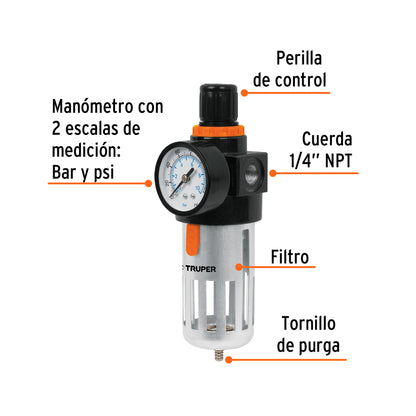Filter and Regulator, Air Pressure, 1/4" NPT Thread, TRUPER