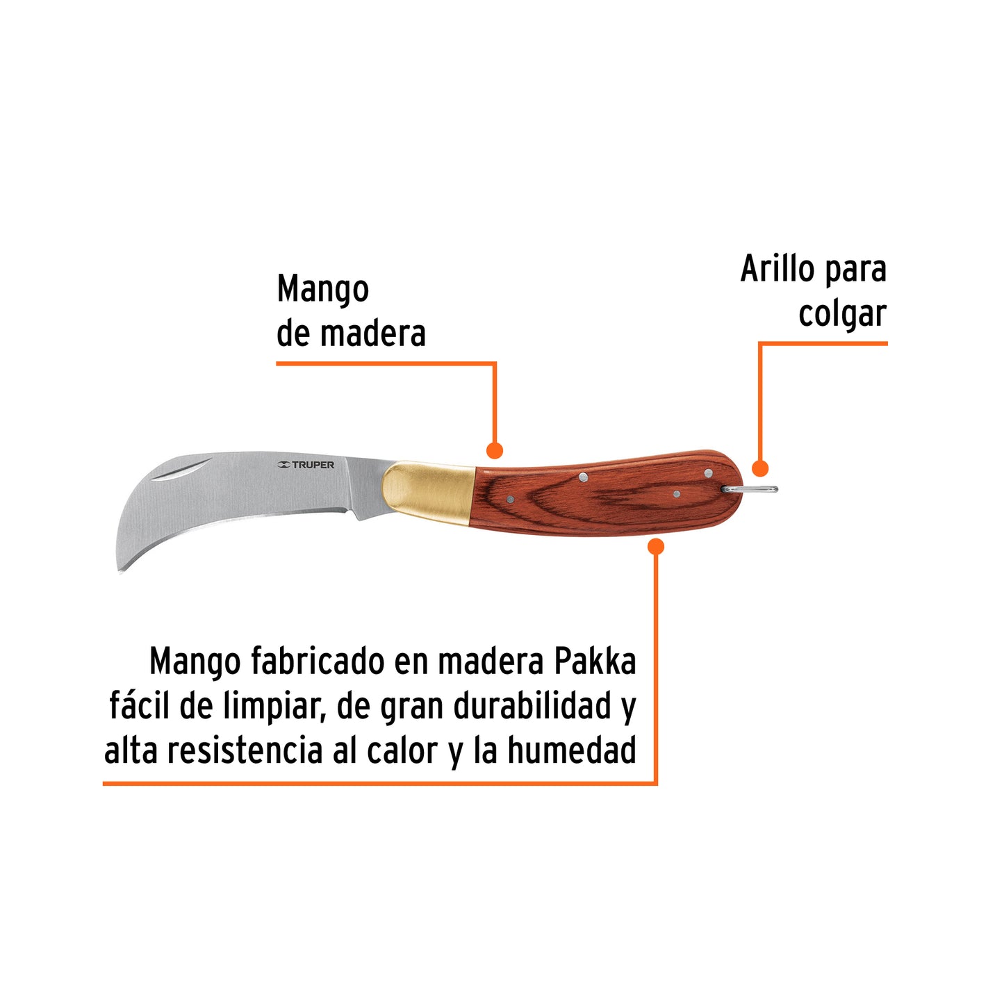 Folding 8" Electrician's Knife With Wooden Handle, TRUPER