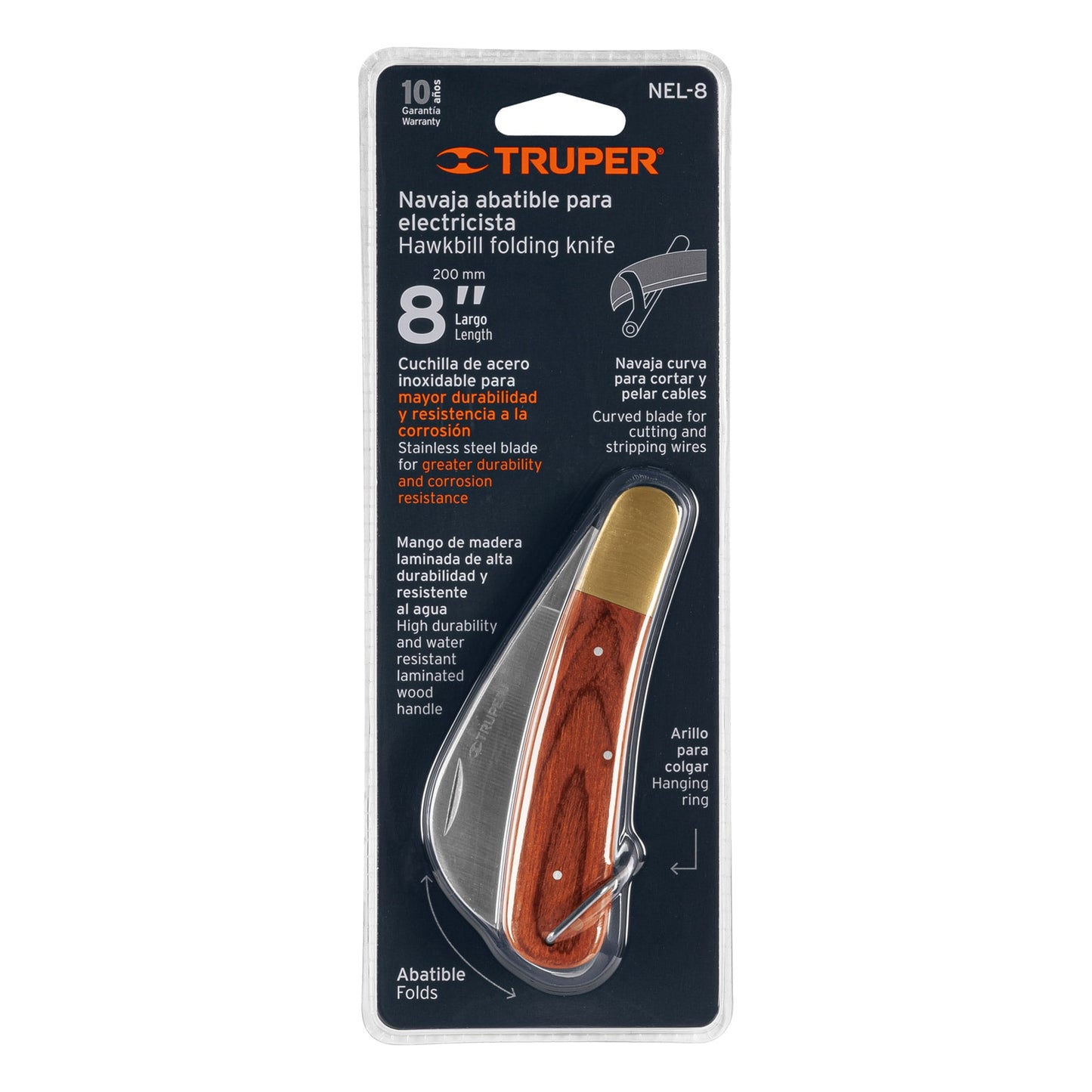 Folding 8" Electrician's Knife With Wooden Handle, TRUPER