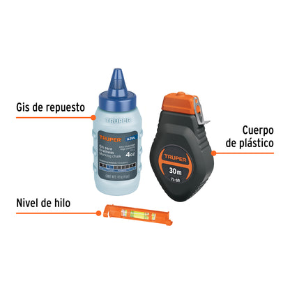 Plastic Chalk Line With Chalk And Level 30 m (100 Ft), TRUPER