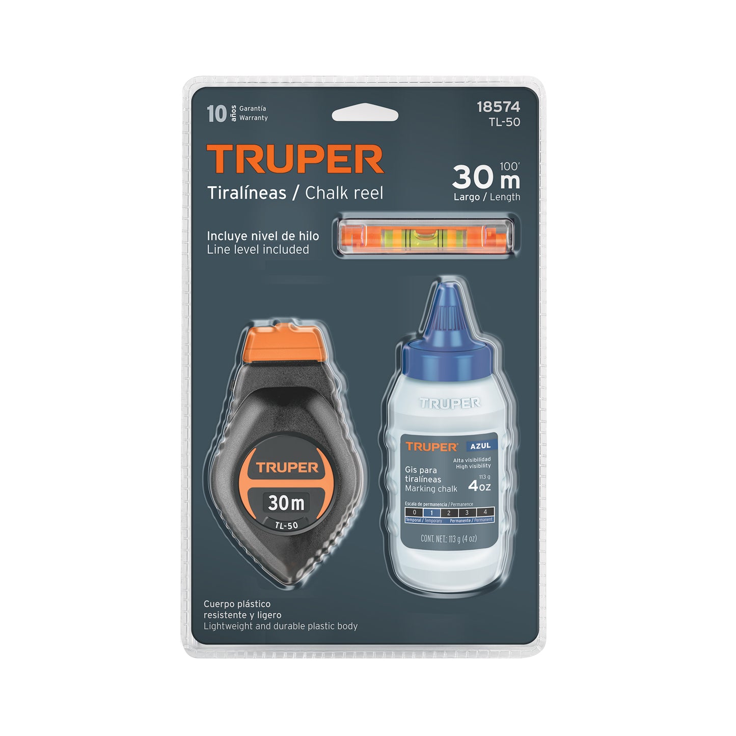 Plastic Chalk Line With Chalk And Level 30 m (100 Ft), TRUPER