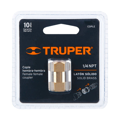 Brass Coupling, Female-Female, 1/4" NPT Thread, TRUPER