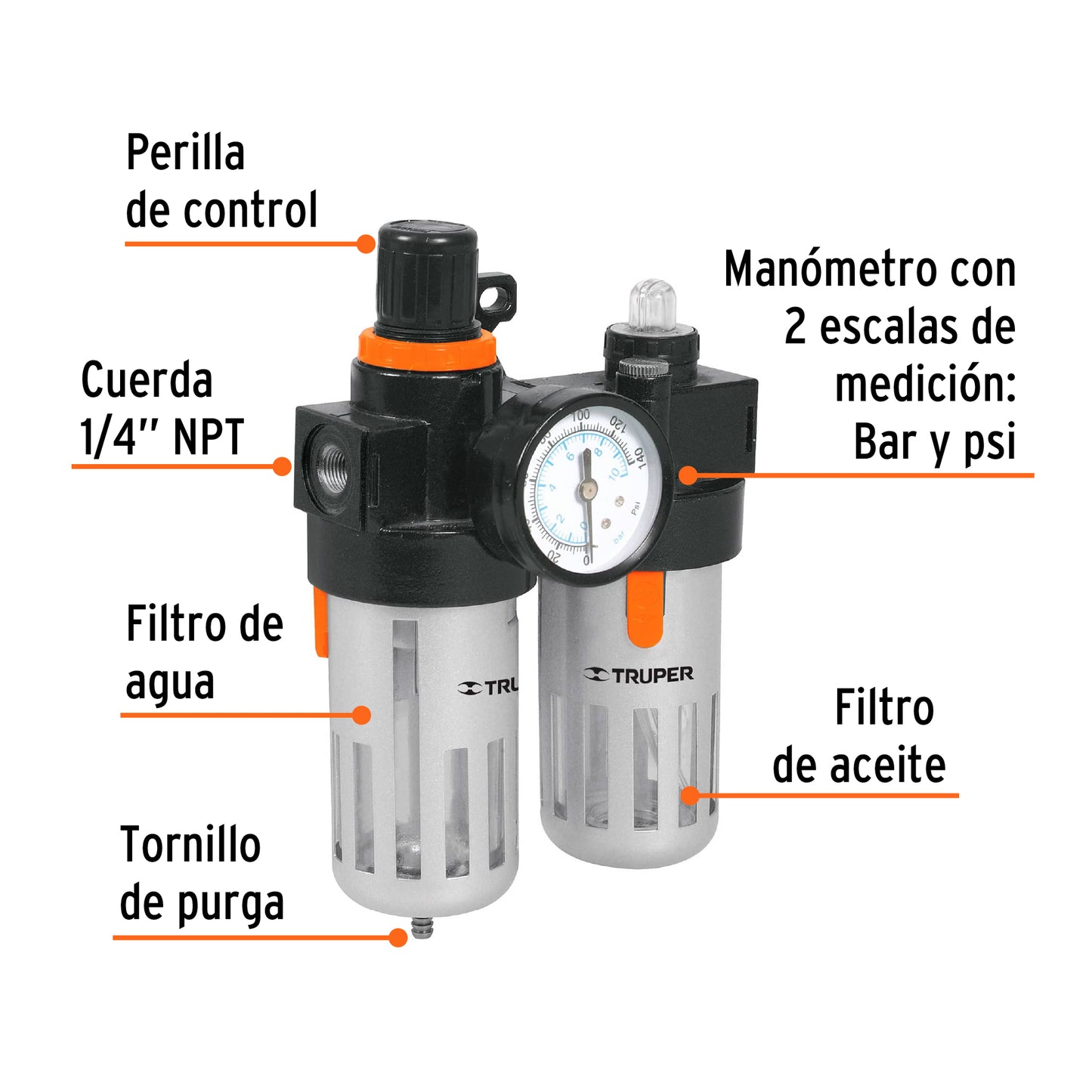 Air Filter And Regulator With Lubrication Module, TRUPER