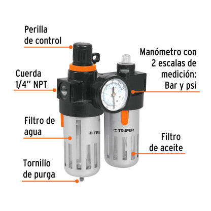 Air Filter And Regulator With Lubrication Module, TRUPER