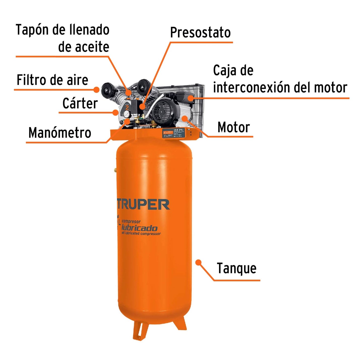 Lubricated, Belt-Driven Compressor, 240L (60 GAL), 4HP, Vertical, 220V, TRUPER