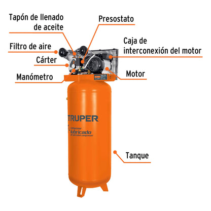 Lubricated, Belt-Driven Compressor, 240L (60 GAL), 4HP, Vertical, 220V, TRUPER