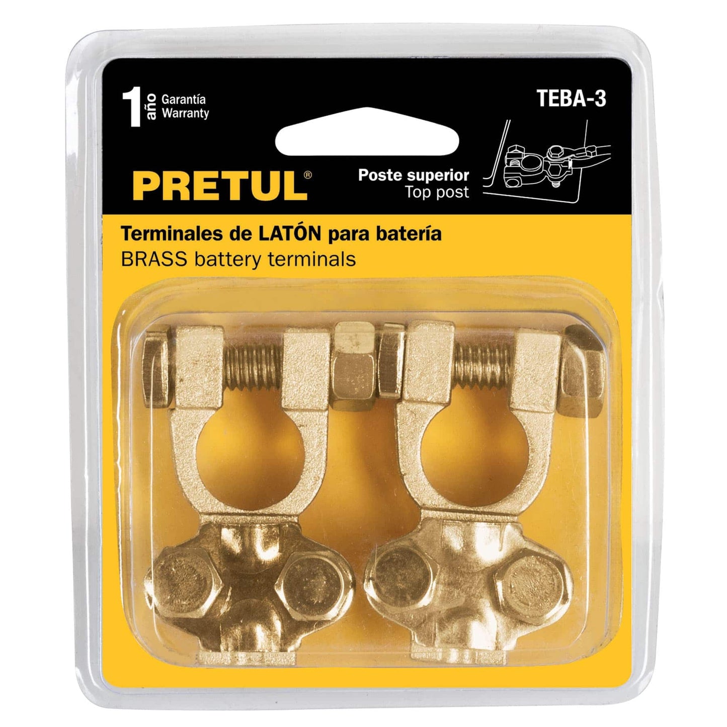 Blister Pack of 2 Battery Terminals, Brass Top Post, PRETUL