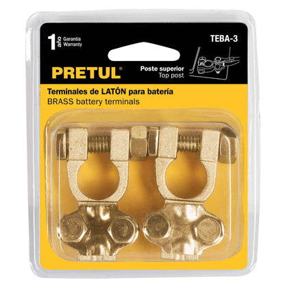 Blister Pack of 2 Battery Terminals, Brass Top Post, PRETUL