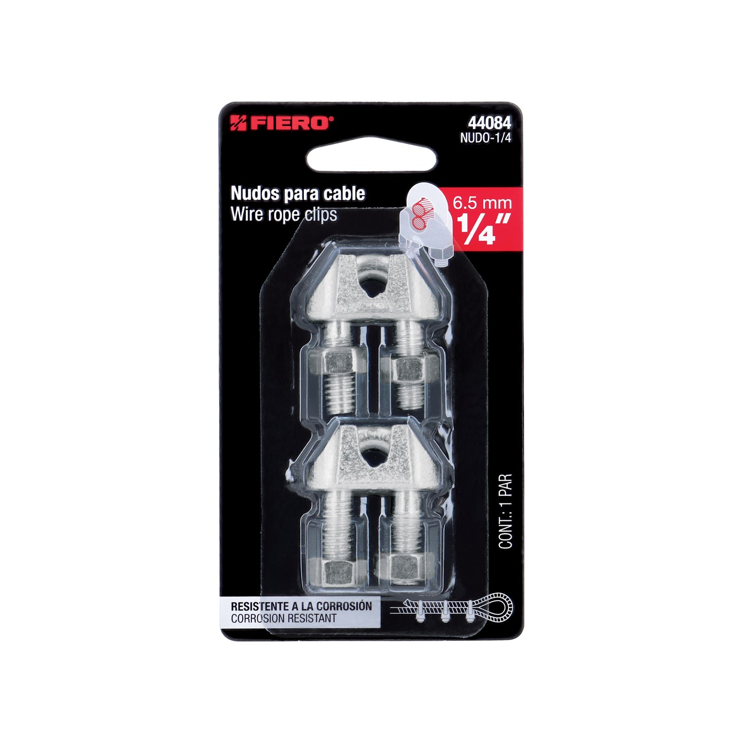 Blister Pack With 2 Iron Cable Clamps (Clamps) For 1/4" Cable, FIERO