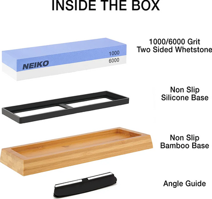 Whetstone Knife Sharpening Kit — 1000/6000 Grit, Dual-Sided Corundum, Bamboo Base