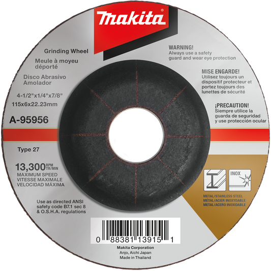 Grinding Wheel, 4‑1/2" X 1/4" X 7/8" INOX 36 Grit Makita