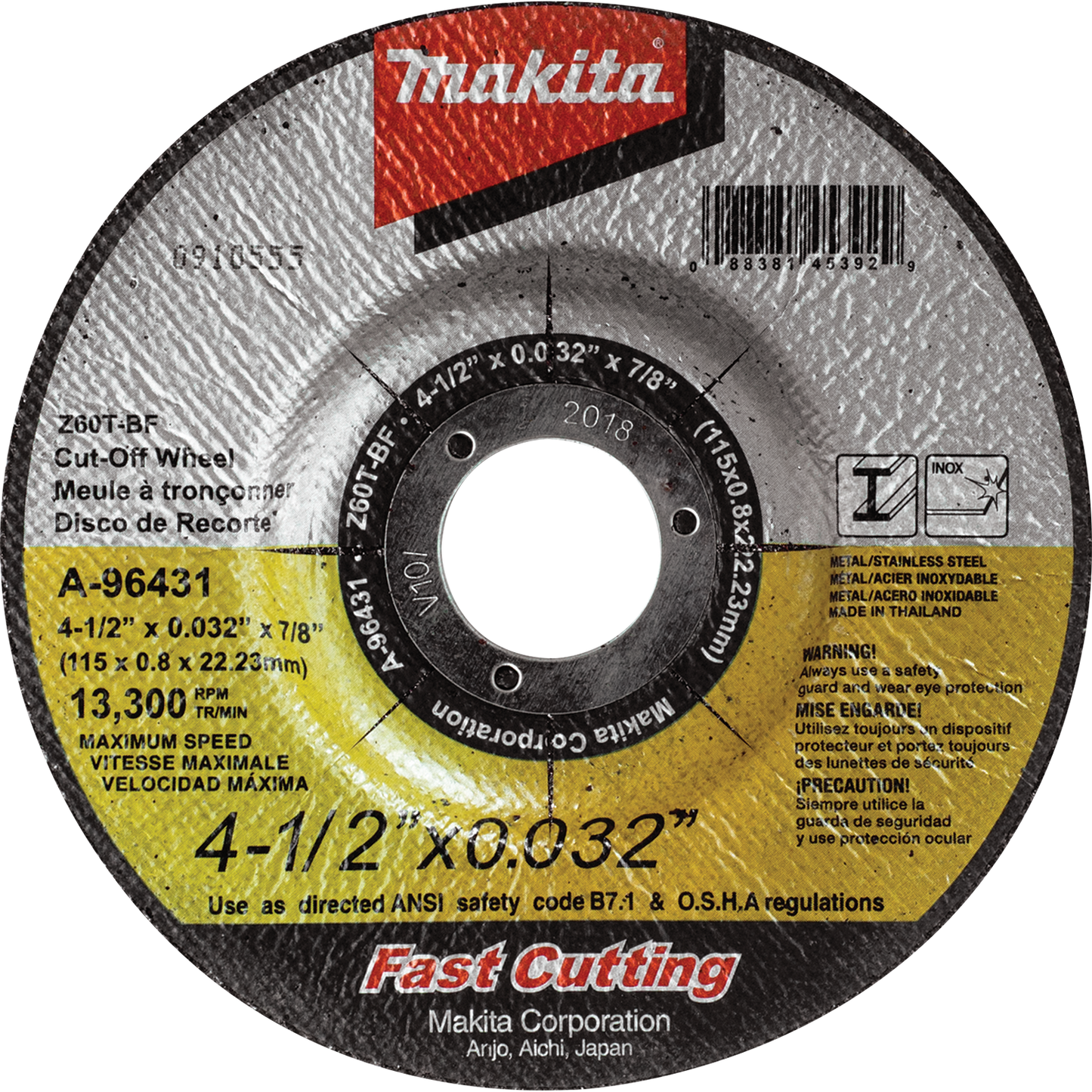 Cut-Off Wheel Stainless Ultra Thin Depressed Center 4‑1/2" x .032" x 7/8" Makita