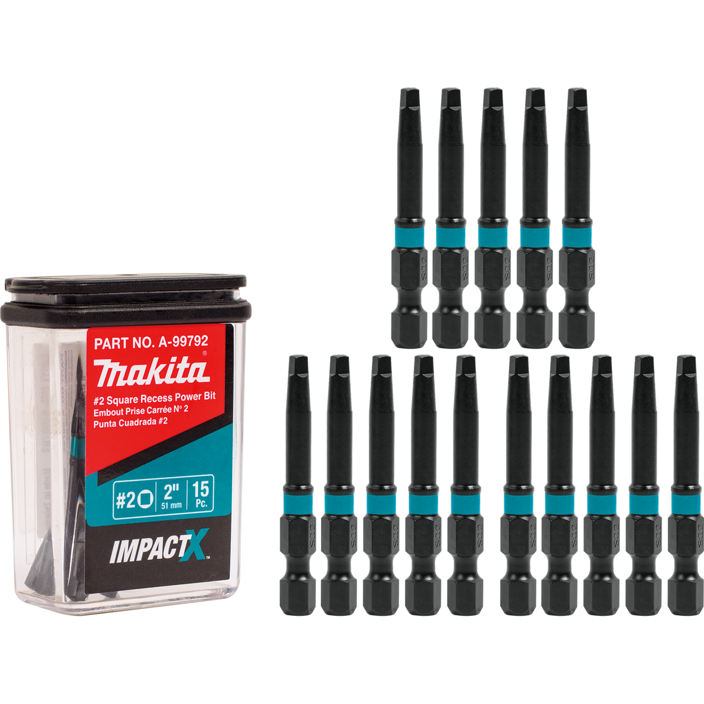 Square #2 Recess 2″ Power Bit, 15/Pcs ImpactX™ Makita
