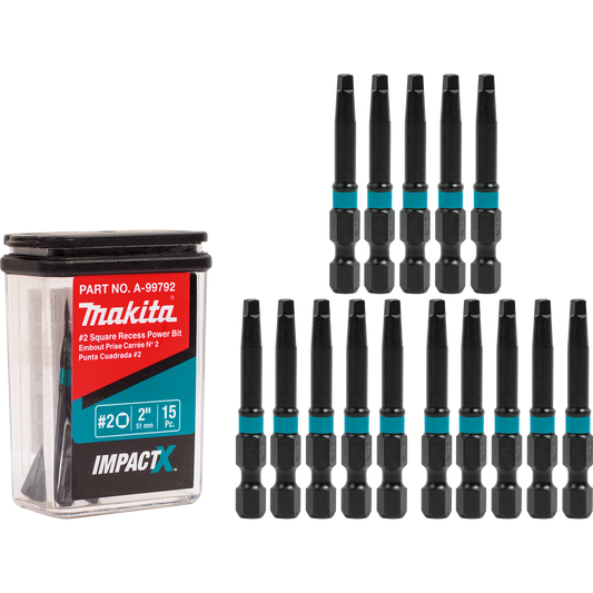 Square #2 Recess 2″ Power Bit, 15/Pcs ImpactX™ Makita