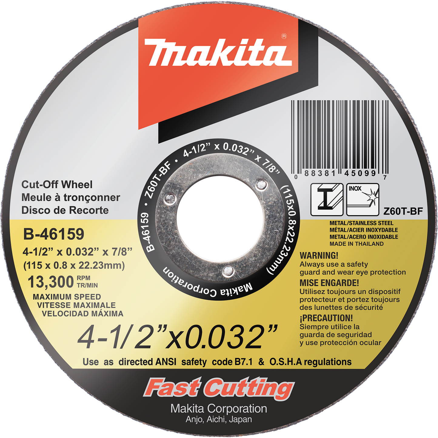 Cut‑Off Wheel Ultra Thin, 4‑1/2" x .032" x 7/8"  Stainless Makita