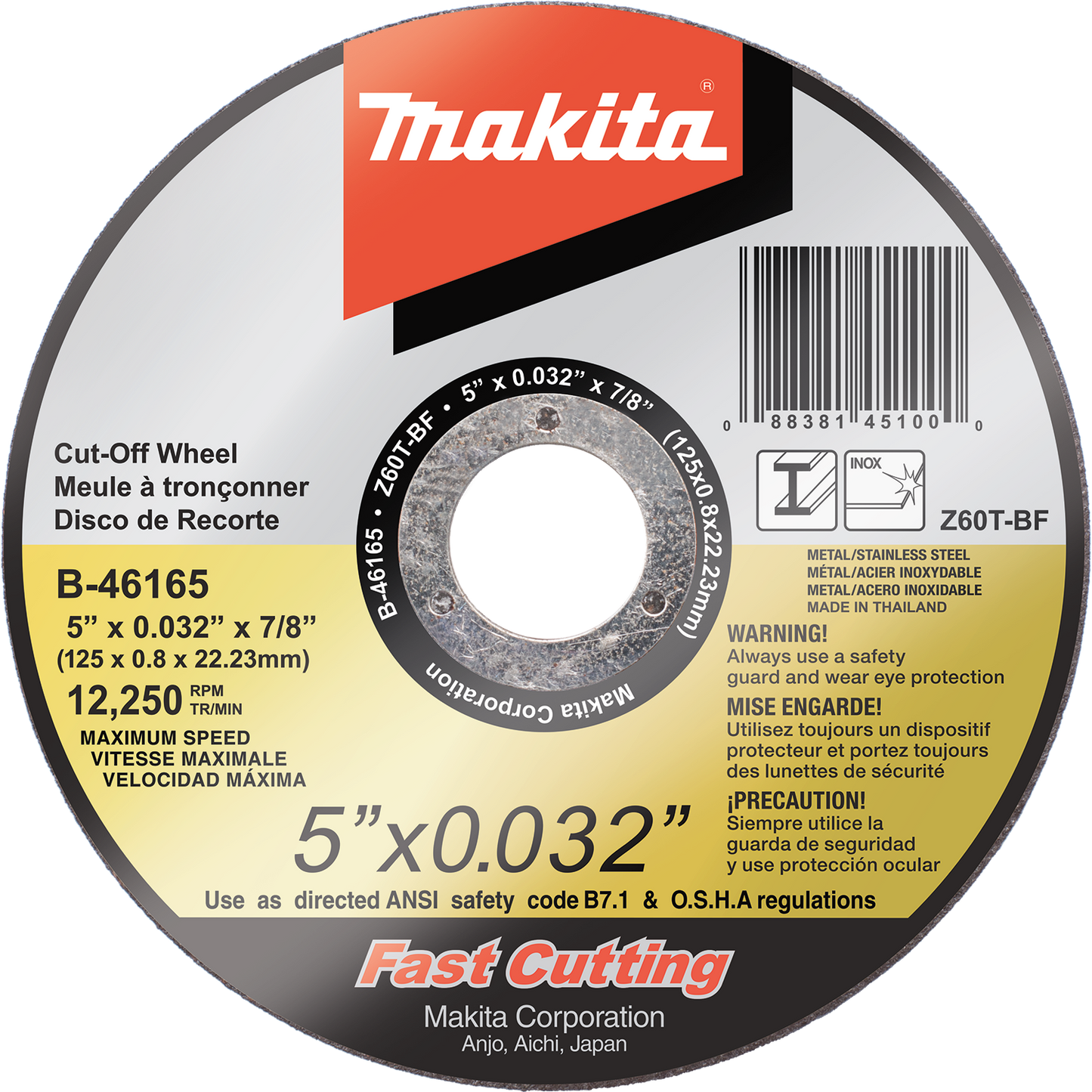 Ultra Thin Cut‑Off Wheel, 5" x .032" x 7/8" Stainless Makita / B-46165