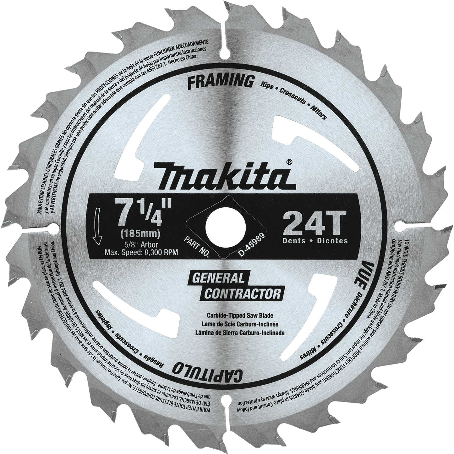 Circular Saw Blade, Framing/General Purpose 7‑1/4" 24T Carbide‑Tipped Makita