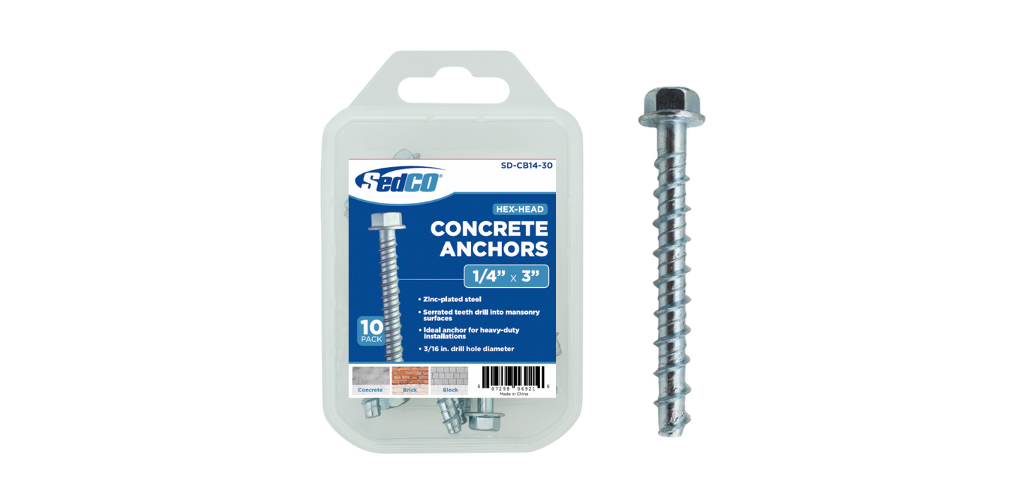 Zinc-Pplated Steel Hex-Head Concrete Anchors 1/4″ X 3″