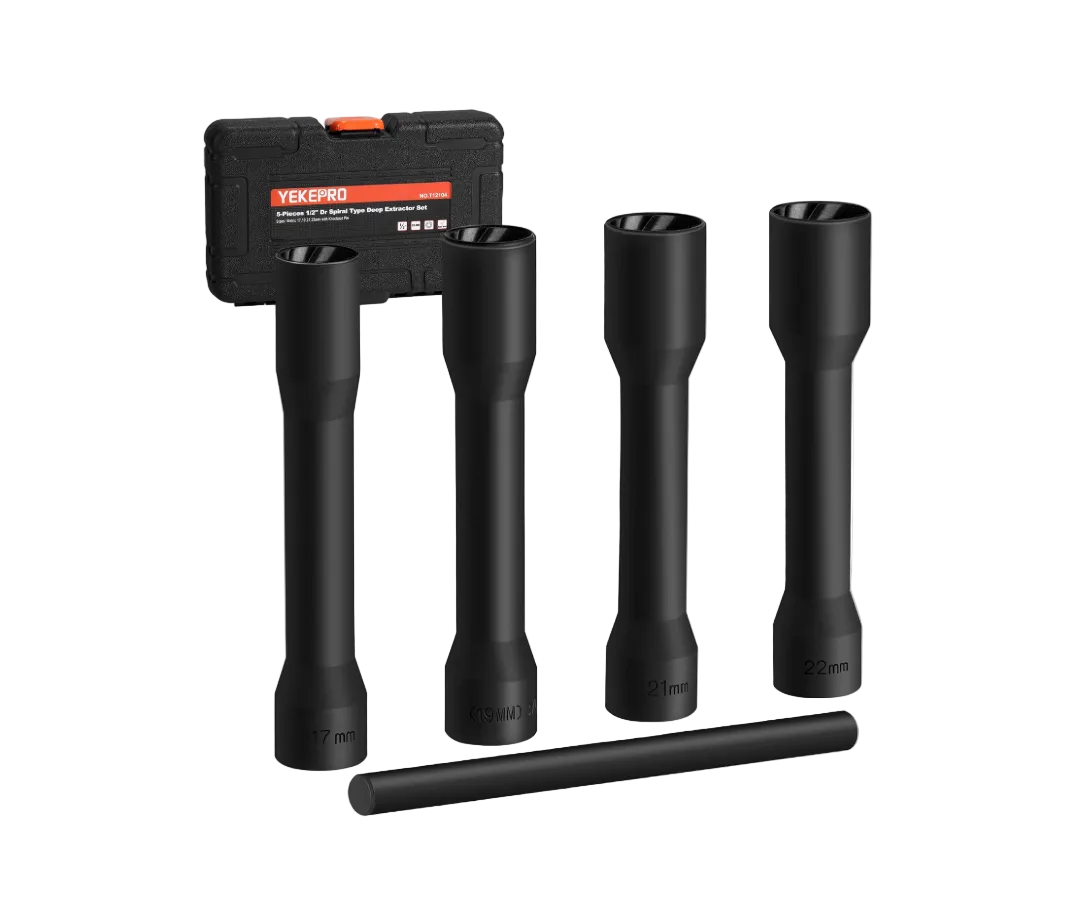 Deep Lug Nut Remover, 1/2" Spiral Twist Socket Extractor Kit 5 Pc.