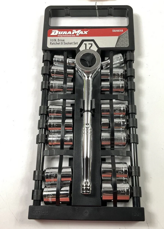 DuraMax 17 Piece 1/2" Drive Ratchet Hangle & socket Set