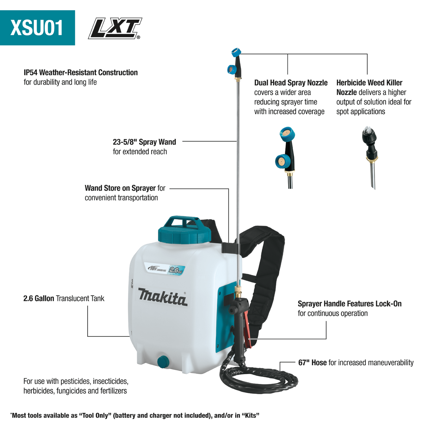 18V LXT® Lithium‑Ion Cordless 2.6 Gallon Backpack Sprayer, Tool Only