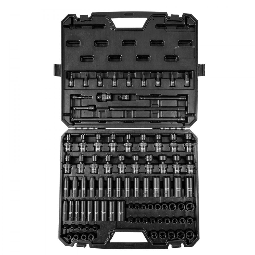 3/8" Drive Impact Socket Set, SAE 1/4"-3/4" and Metric 6-19mm 90 Piece VEVOR