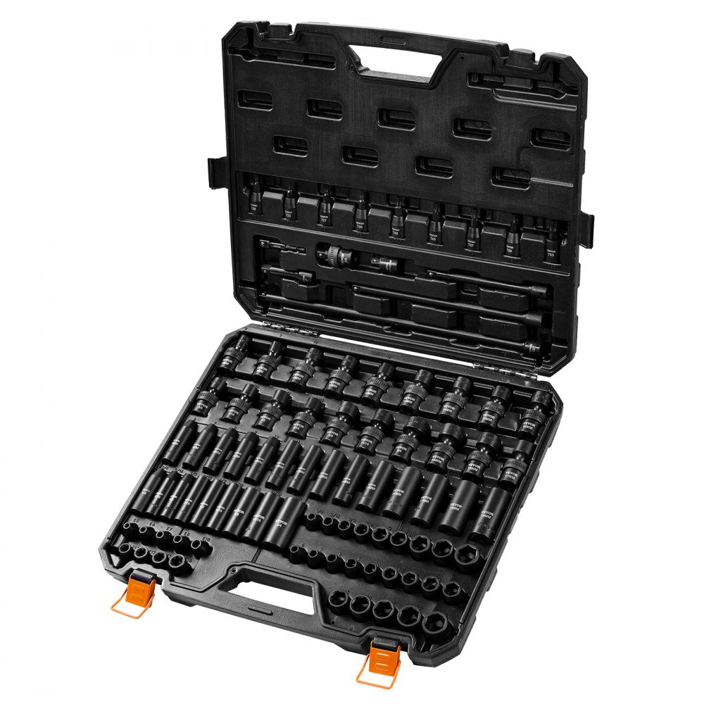 3/8" Drive Impact Socket Set, SAE 1/4"-3/4" and Metric 6-19mm 90 Piece VEVOR
