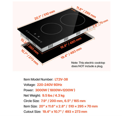 LT2V-38 / Tope Eléctrico 12" en ceramica 2 hornillas Vevor