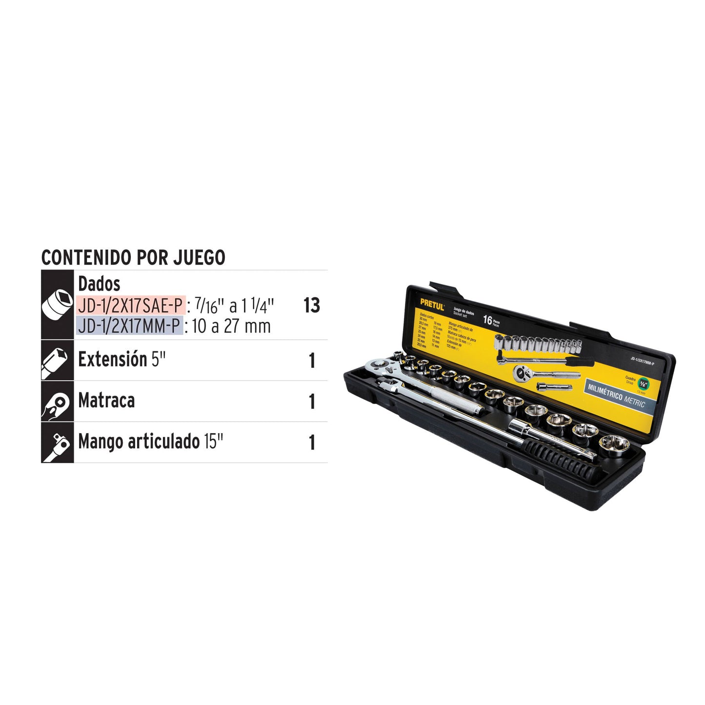 Caja De Herramientas 16 Piezas 1/2" Metrico